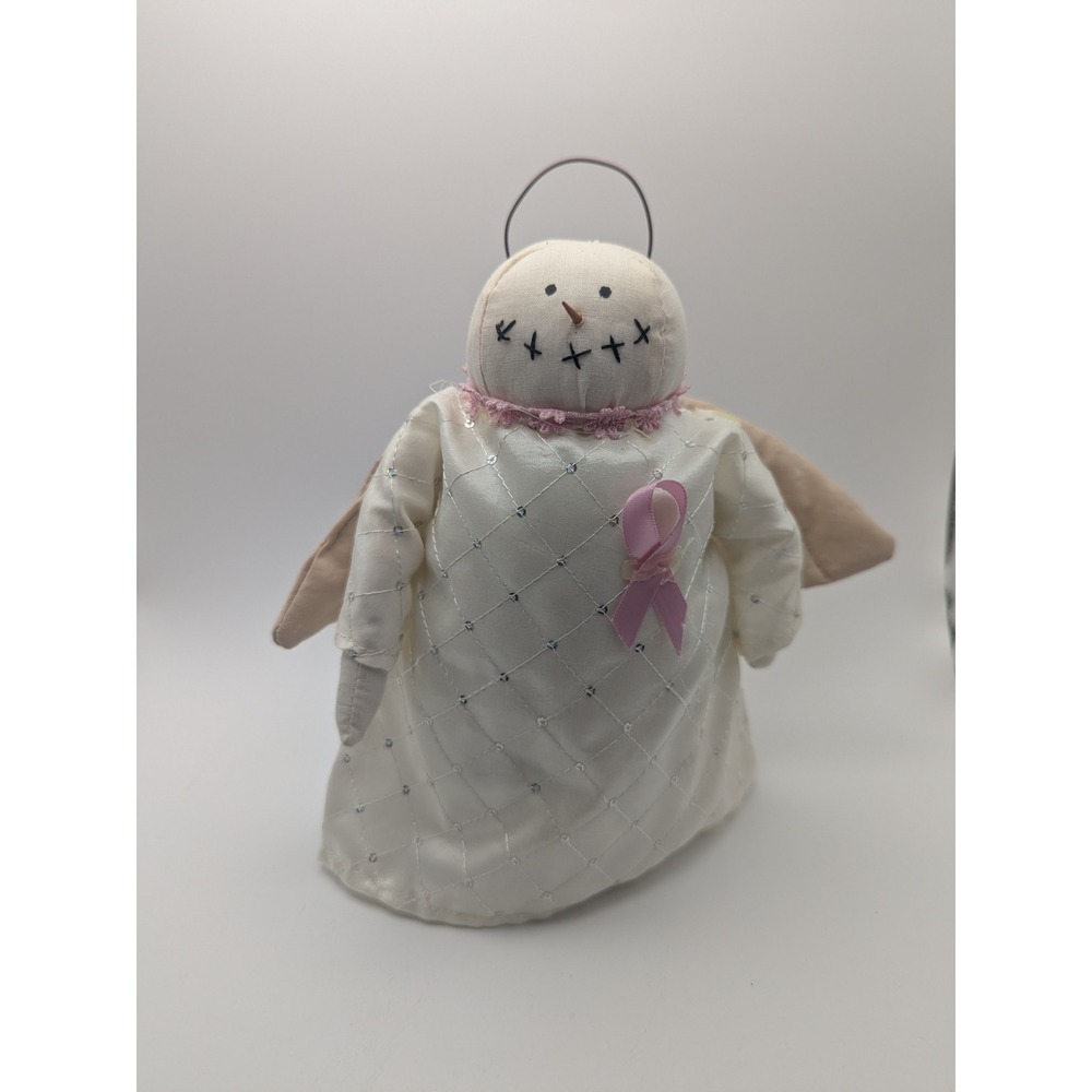 Handmade Vintage Fabric Snowman Angel Breast Cancer Awareness‎ Pink Ribbon 9"